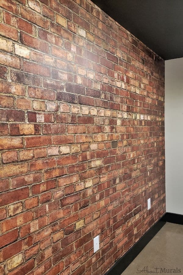 Old Brick Wall Mural, as seen in this basement, features aged red bricks full of texture. Brick wallpaper sold by AboutMurals.ca.