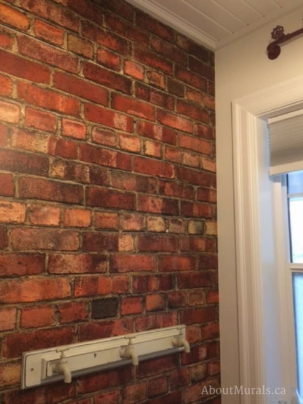 Old Brick Wall Mural, as seen in this bathroom, is a red brick wallpaper sold by AboutMurals.ca.