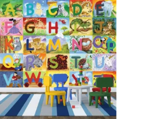 Alphabet Wallpaper, as seen on the wall of this kids room, is a mural with letters and their matching animals in a chart from About Murals