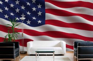 American Flag Wallpaper, as seen on the wall of this living room, features the famous stars and stripes of the USA blowing in the wind from About Murals.