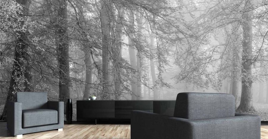 Autumn is Here Black and White Wall Mural, as seen in this living room, is a forest wallpaper with grey misty trees from About Murals.
