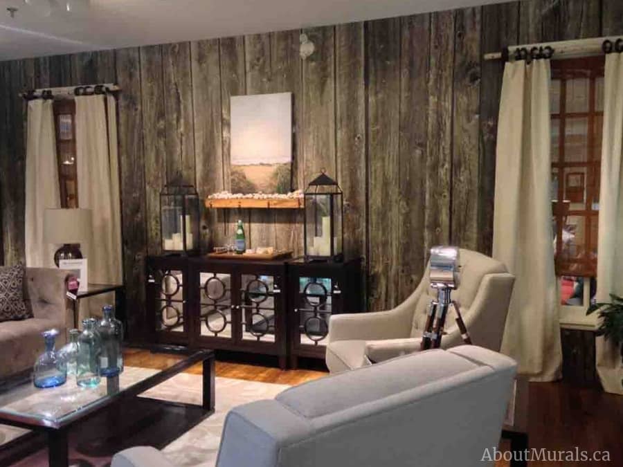 Barn Wood Wallpaper, as seen in this neutral living room, creates a realistic, rustic feeling on walls with its reclaimed wooden planks. Wood wallpaper sold by AboutMurals.ca.