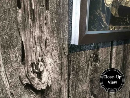 Barn Wood Wallpaper, as seen up close on this wall, creates a realistic, rustic feeling with its reclaimed wooden planks. Wood wallpaper sold by AboutMurals.ca.