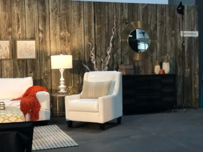 Barn Wood Wallpaper, as seen on the wall of this brown cozy living retail store, is a photo mural of realistic wood planks in brown from About Murals.