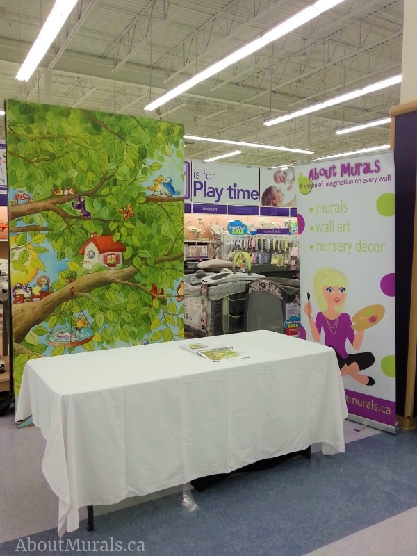 Birds Tree Wall Mural, as seen exhibited at BabiesRUs, features adorable birds living in a tree house. Kids wallpaper sold by AboutMurals.ca.