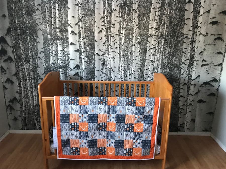 Black and White Birch Tree Wallpaper, as seen on the wall of this baby bedroom, is a photo mural that is non-toxic with textured trees in a woodland area from About Murals.