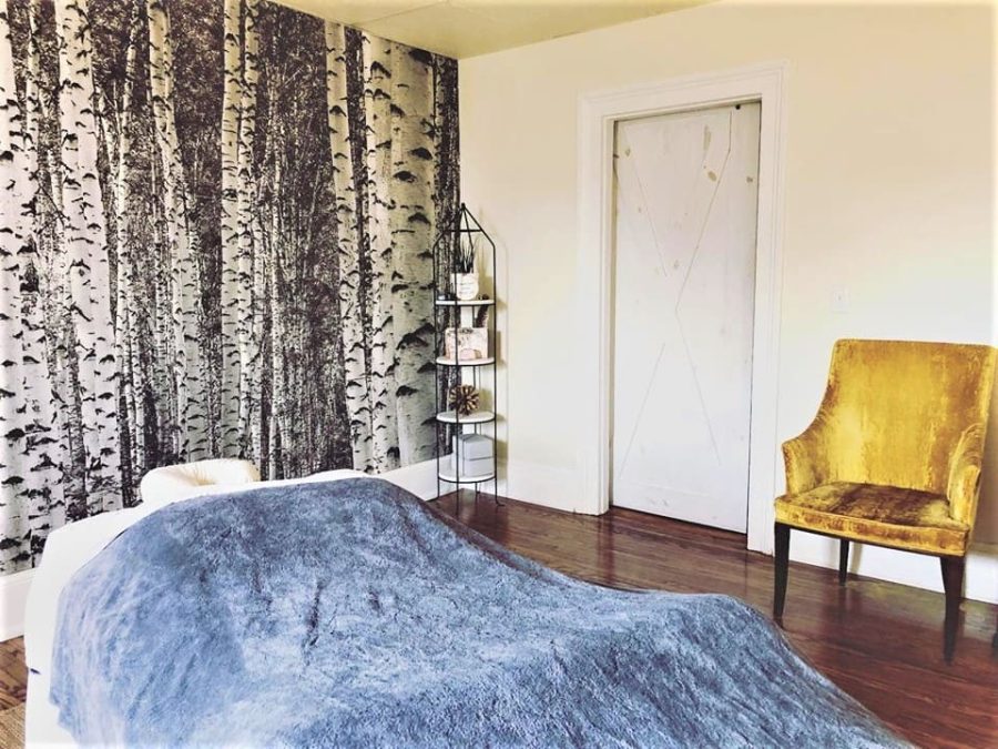 Black and White Birch Tree Wallpaper, as seen on the wall of this massage room, is a photo mural of modern trees full of knots and peeling bark in a forest from About Murals.