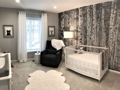 Black and White Birch Tree Wallpaper Nursery is a photo mural of textured trees in the woods from About Murals.