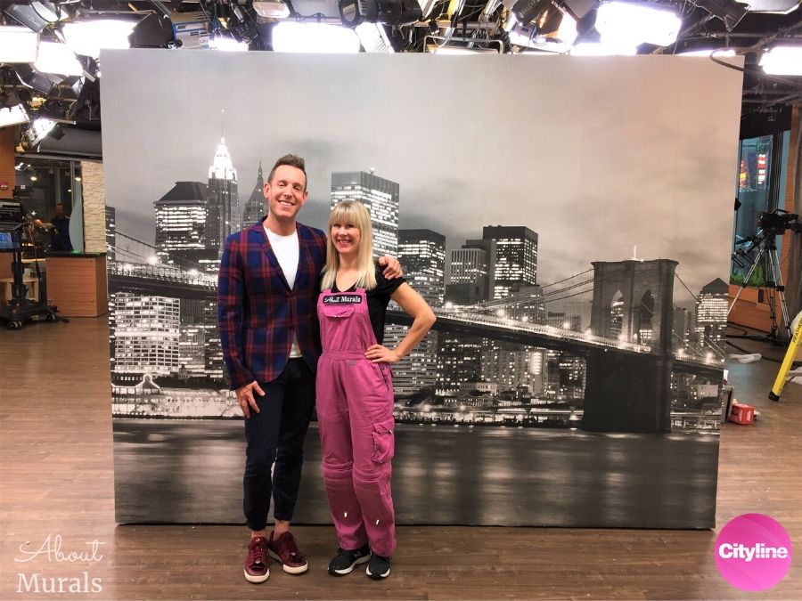 NYC Bridge Wallpaper is seen on the set of Cityline with celebrity designer Shai Deluca and Adrienne of AboutMurals.ca