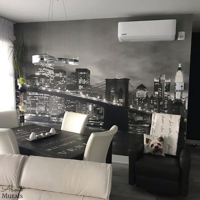 NYC Bridge Wallpaper, as seen in this dining room, features a black and white cityscape of the famous New York icon. Cityscape wallpaper from AboutMurals.ca.