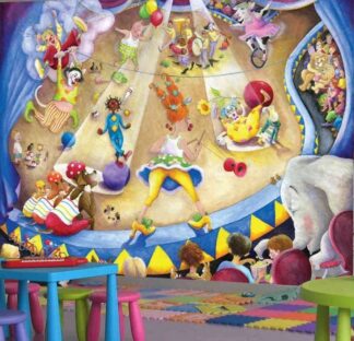 Circus Wall Mural, as seen in this kids playroom, features clowns, acrobats, an elephant, lion, cow and pig performing in the big top from About Murals.