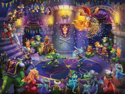 Dragon Festival Wall Mural is a kids dragon wallpaper with dragons, vikings, princesses watching a duel in a purple castle from About Murals.