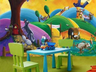 Fables Wallpaper, as seen on the wall of this kids room, features stories from La Fontaine like the Crow and the Fox, the Grasshopper and the Ant and the Frog and the Ox from About Murals.