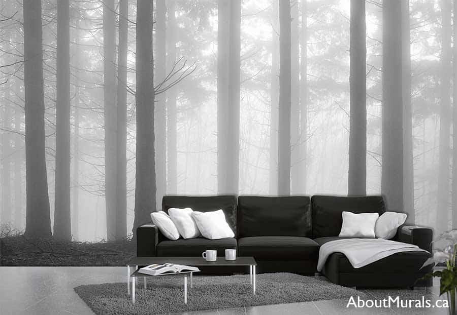 Fir Forest Wallpaper, as seen on the wall of this grey living room, is a black and white photo mural of tall trees in a misty forest from About Murals.
