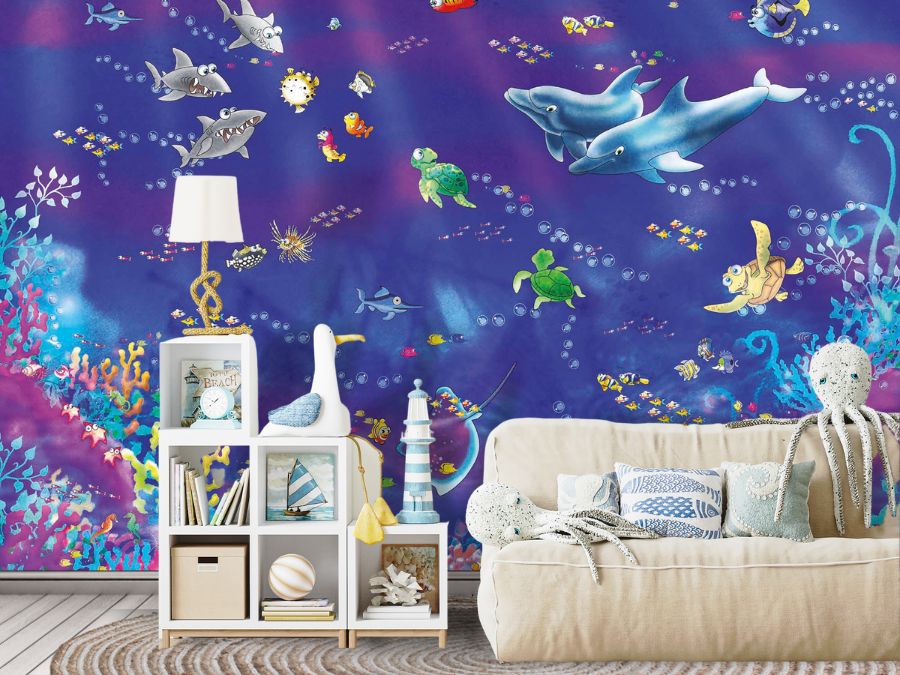 Fish Wall Mural, as seen on the wall of this underwater themed room, is a kids wallpaper mural featuring dolphins, sharks, sea turtles and fish swimming under the ocean in colorful coral from About Murals.