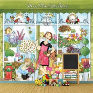 Flower Shop Wallpaper, as seen on the wall of this kids room, is a mural with children helping a florist display her blooms in a store from About Murals.