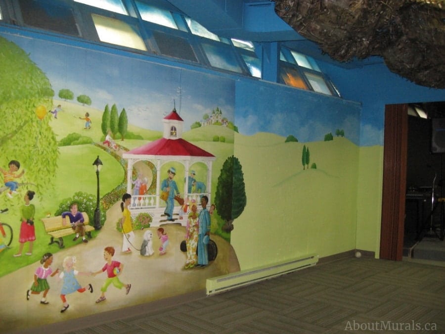Holiday at the Park Wall Mural, as seen in this Sunday School, features children playing, running and bicycling in a park. Kids wallpaper sold by AboutMurals.ca