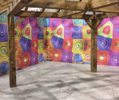 Hypnosis Wall Mural, as seen at this trade show, features rainbow coloured geometric shapes printed on removable wallpaper that's sold by AboutMurals.ca