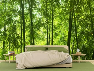 Japanese Bamboo Forest Wallpaper, as seen on the wall of this bedroom, is a photo mural of realistic green trees in nature from About Murals.