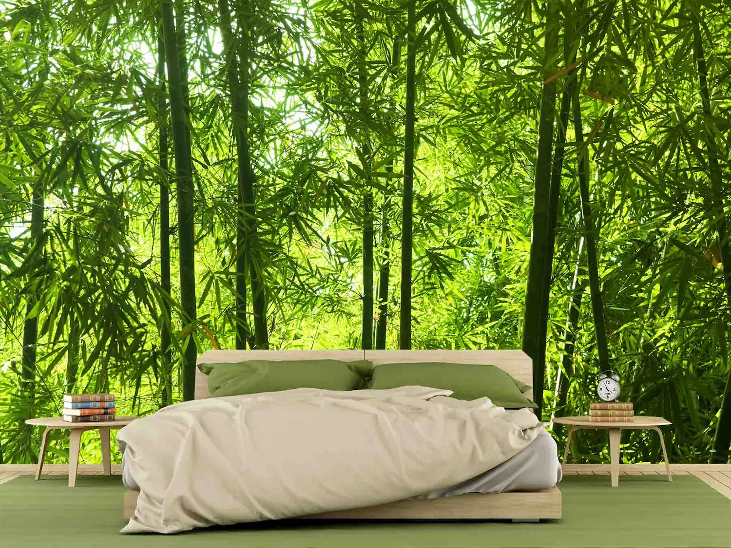 Japanese Bamboo Forest Wallpaper, as seen on the wall of this bedroom, is a photo mural of realistic green trees in nature from About Murals.