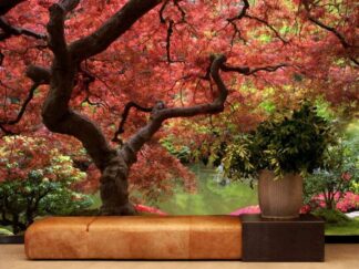 Japanese Maple Wallpaper, as seen on the wall of this hallway, is a photo mural of a red tree overlooking a zen garden and pond from About Murals.