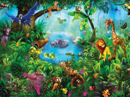 Jungle Wall Mural is a cute kids wallpaper of animals in a tropical lagoon from About Murals