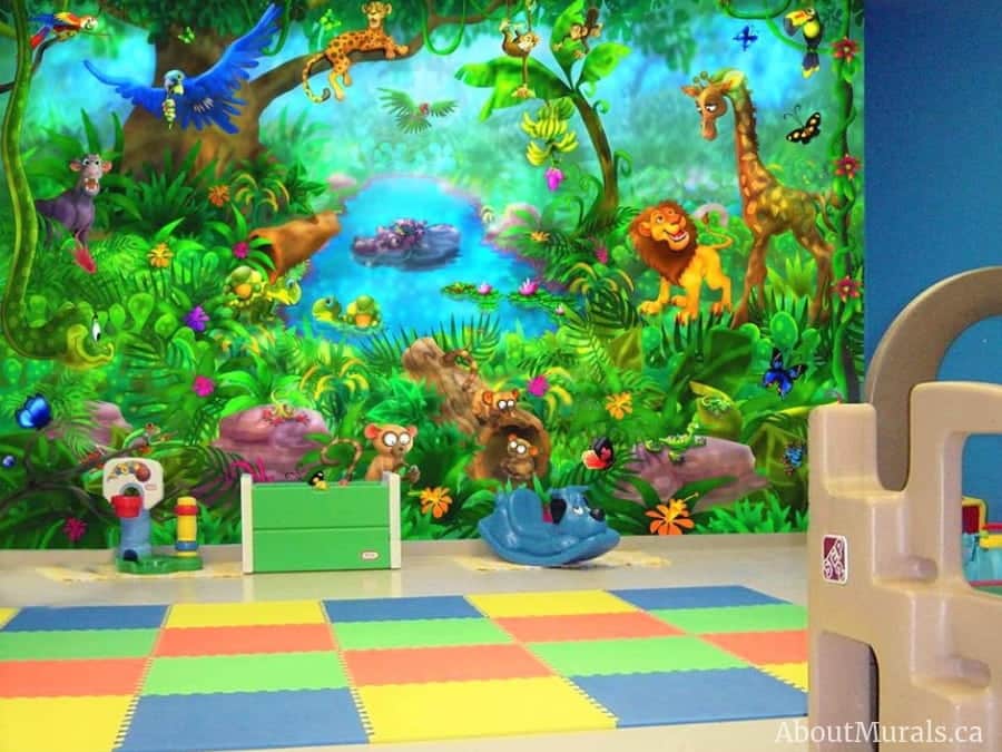 Jungle Wall Mural, as seen in this playroom, is a kids wallpaper mural perfect for toddlers from About Murals.