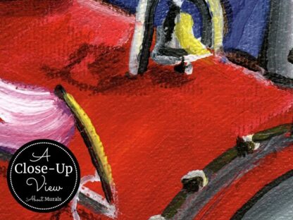 A close-up view of a red train in this kids train wallpaper from About Murals.