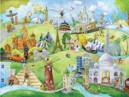 Kids Travel Wallpaper is a childrens mural featuring animals and people exploring landmarks as they are on holiday from About Murals.