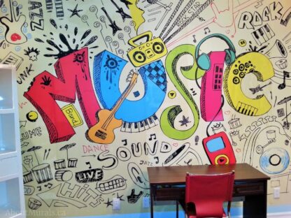 Let's Get Musical Wall Mural, as seen in this homework study, features a graffiti inspired music illustration printed on removable wallpaper sold by AboutMurals.ca