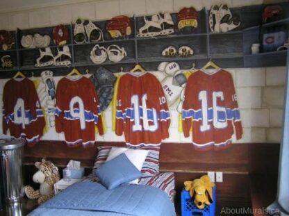 Locker Room Wall Mural, as seen in this boys bedroom, is a painting of hockey jerseys hanging in cubby holes. Kids wallpaper sold by AboutMurals.ca.