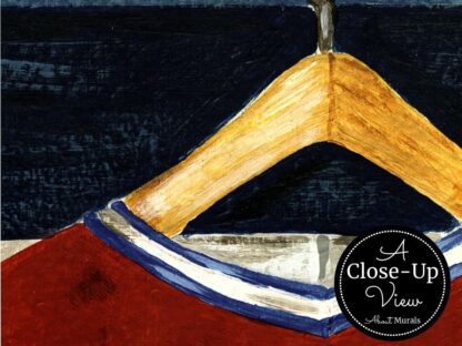 A close-up view of a red and blue hockey jersey hanging from a hanger in a Locker Room Wall Mural from About Murals.