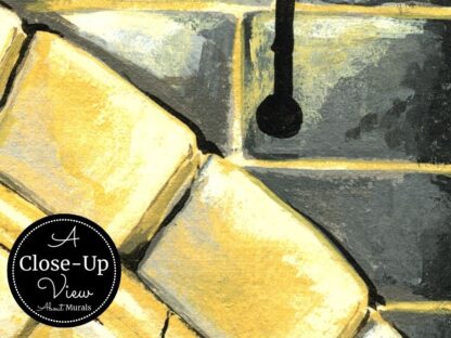 A close-up view of a grey and yellow castle wallpaper for kids from About Murals.