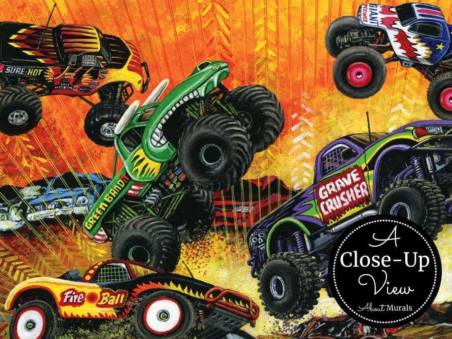 A closeup view of a monster truck wallpaper for kids from About Murals.