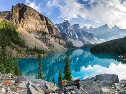 Moraine Lake Wallpaper is a photo wall mural of mountains in Alberta overlooking a glacier lake from About Murals Canada.