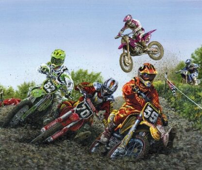 Motocross Wallpaper is a kids mural featuring five racers on dirt bikes racing on a muddy track from About Murals.
