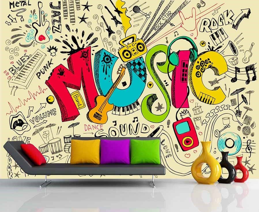 Musical Wall Mural, as seen in this living room, is a kids wallpaper with the word "Music" in a graffiti style from About Murals.