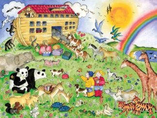 Noahs Ark Wall Mural features elephants, giraffe, pandas, deer, lion, pigs, monkeys, cows, horese, goats, tigers, ducks and other animals boarding a boat from About Murals.