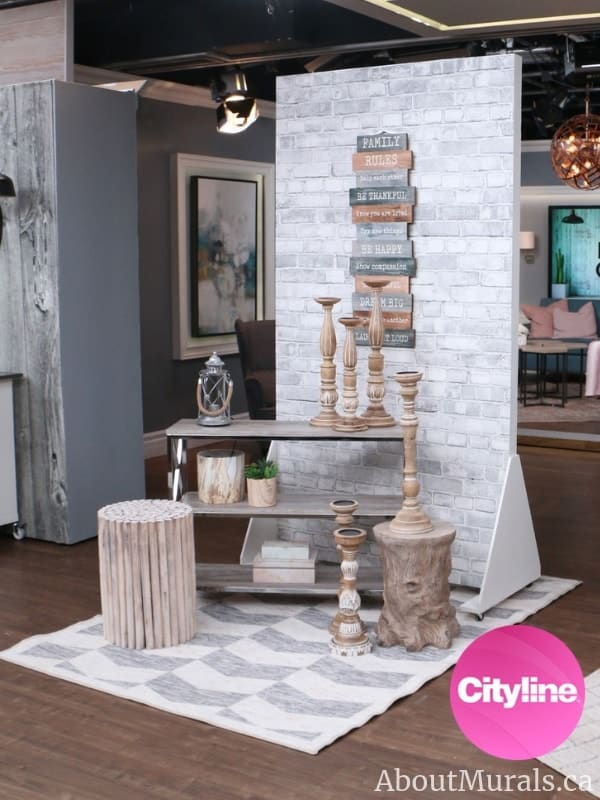 Old Brick Wall Mural Light Black and White, as seen on this Cityline set, features a realistic, almost 3D gray brick wallpaper. Brick wallpaper sold by AboutMurals.ca.