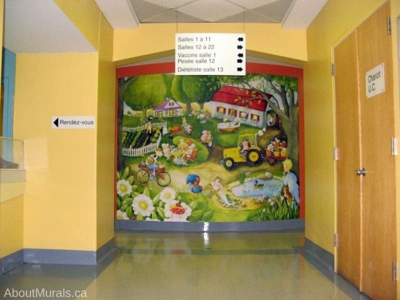Farm Animal Wallpaper, as seen on the wall of this hospital, features a pig driving a tractor, cow riding a bicycle, chickens sunbathing, rabbits pushing a wheelbarrow and horse reading the newspaper in the barn. Kids wallpaper sold by AboutMurals.ca