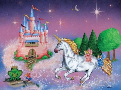 Princess Castle Wallpaper is a fairytale mural with a beautiful unicorn next to a royal castle, frog prince and flying fairy under a purple sky from About Murals.