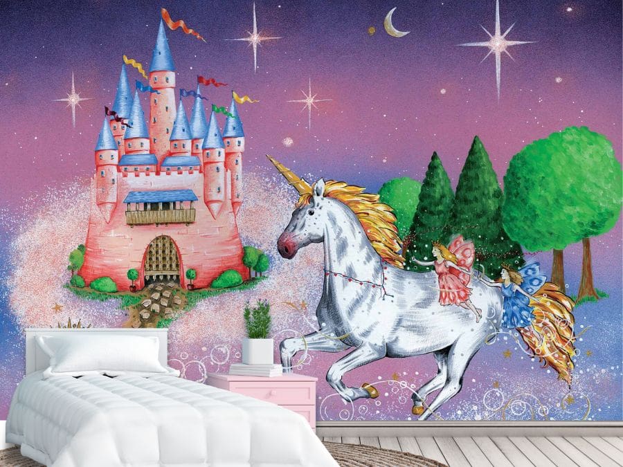Princess Castle Wallpaper, as seen on the wall of this kids bedroom, is a fairytale wall mural with a pink castle, white unicorn, flying fairies and frog prince from About Murals.