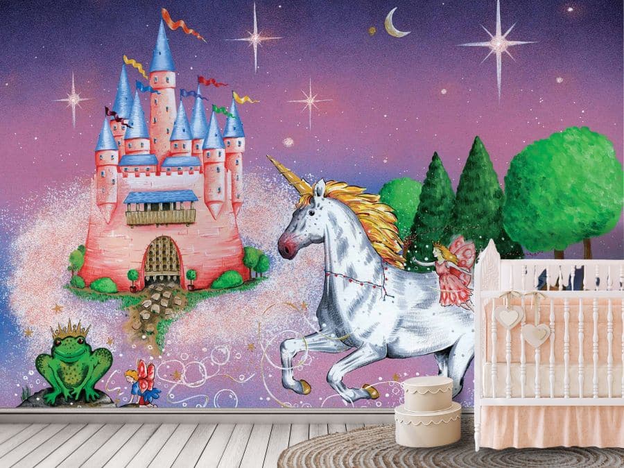 Princess Castle Wallpaper, as seen on the wall of this nursery, is a fairytale mural with a pink and blue castle, white unicorn, flying fairy and frog prince from About Murals.