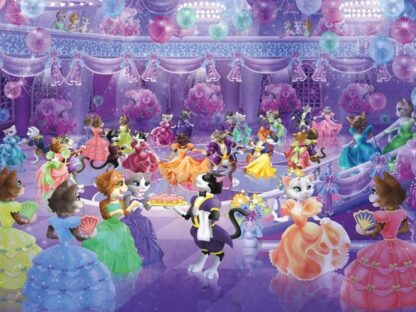 Princess Cat Wall Mural is a kids wallpaper of cats wearing dresses in a purple castle from About Murals.