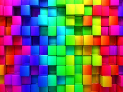 Rainbow Cubes Wall Mural is a 3D cubes wallpaper in red, blue, purple, green, yellow, orange, pink and purple from About Murals Canada.