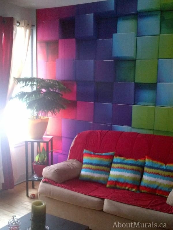 Rainbow Cubes Wall Mural, as seen in this colourful living room, features stacked cubes in different colours. Colourful wallpaper sold by AboutMurals.ca.