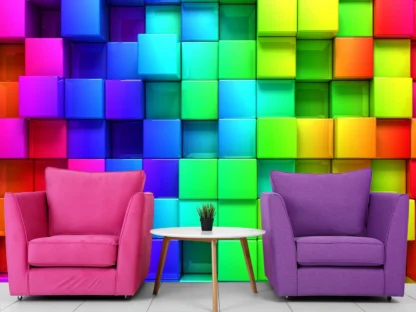 Rainbow Cubes Wall Mural, as seen in this living room, is a wallpaper that features colourful 3D cube squares from About Murals.