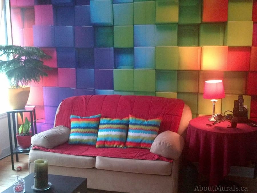 Rainbow Cubes Wall Mural, as seen in this living room, features colourful 3D cube squares. Removable wallpaper sold by AboutMurals.ca.