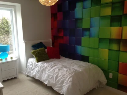 Rainbow Cubes Wall Mural, as seen on the wall of this customer's bedroom, is a mural wallpaper with a colourful cube design from About Murals.