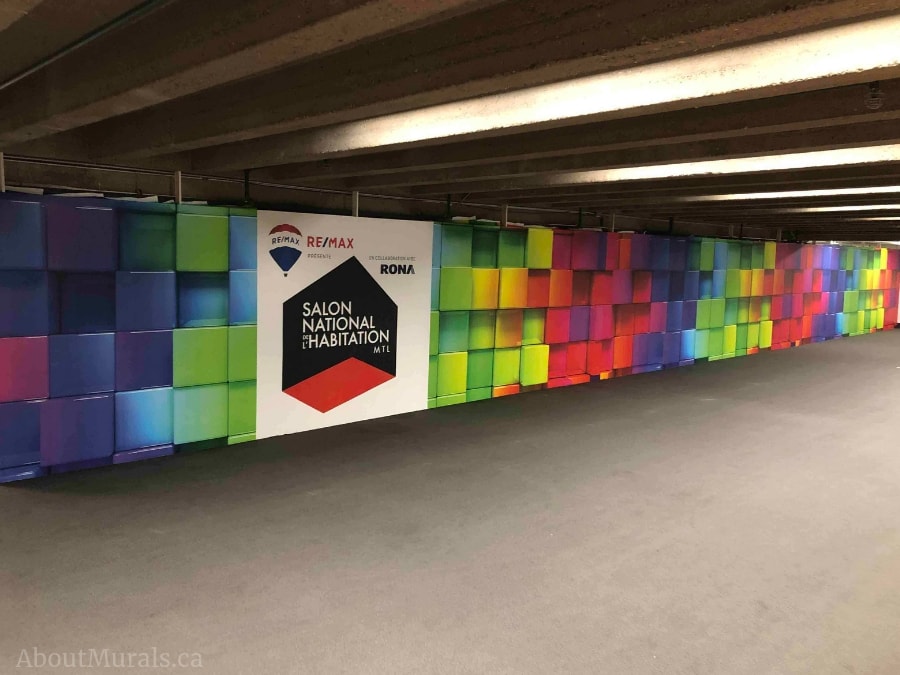 Rainbow Cubes Wall Mural, as seen at this tradeshow, features colourful 3D looking cube squares. Colourful wallpaper sold by AboutMurals.ca.
